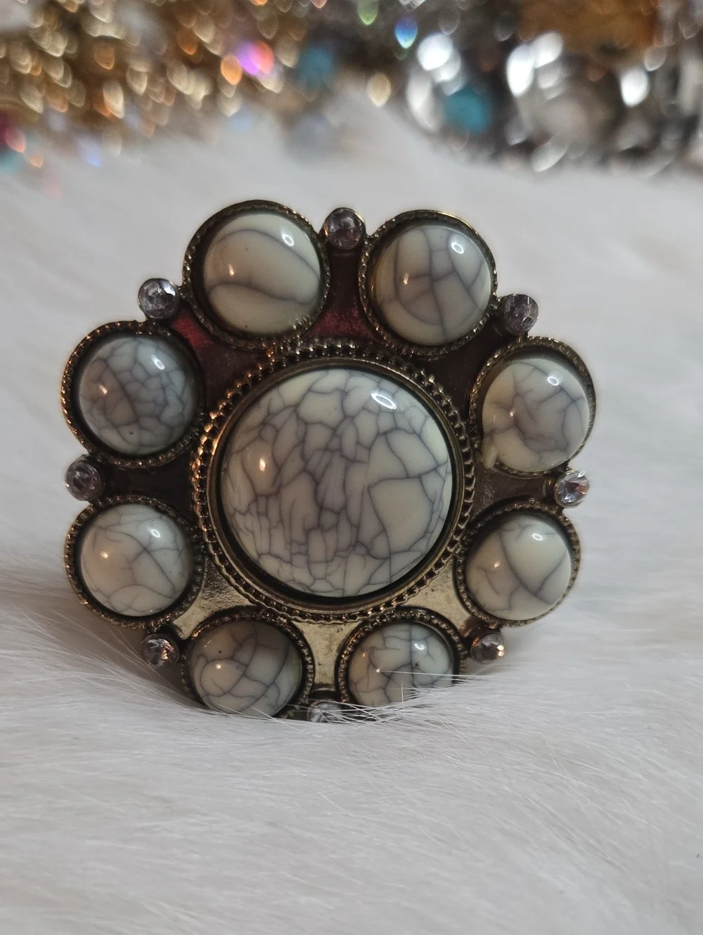 Artisan White Crackle Stone Statement Adjustable Ring NWOT